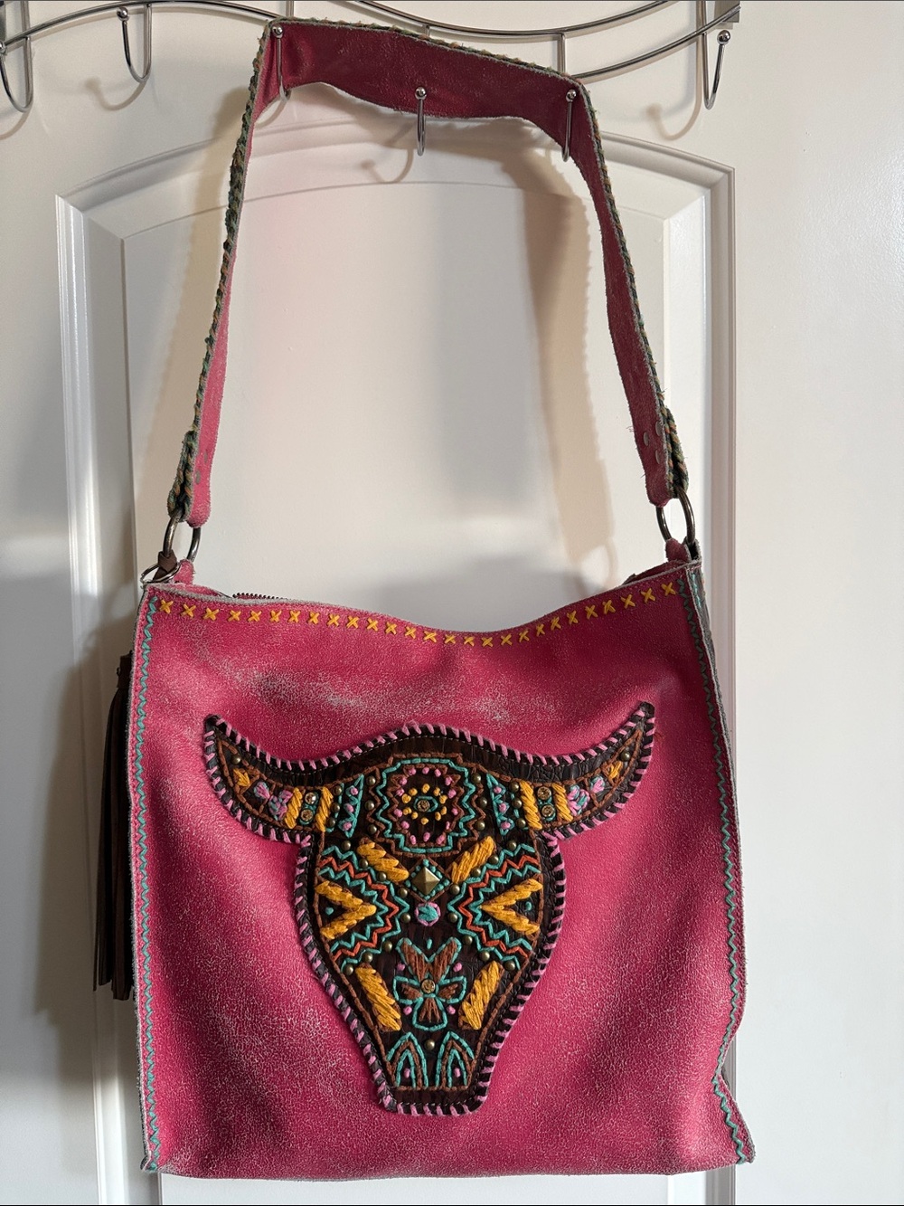 Embroidered Bull Motif Shoulder Bag in Pink